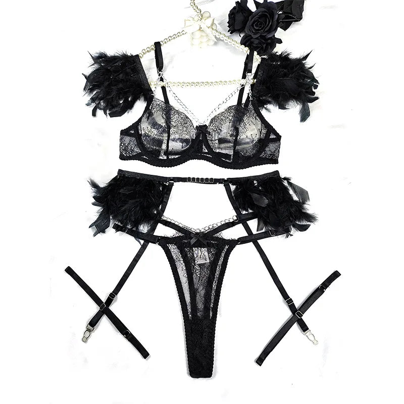 Sexy Lace Lingerie Set with Feather Women's Chain Perspective Underwear Garters Exotic Apparel Suit Female Solid Transparent Bra