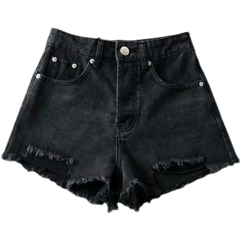 High Waist Tassel Frayed Distressed Denim Shorts Women's Fashion Summer  Slimming Effect Straight Leg Short Pants