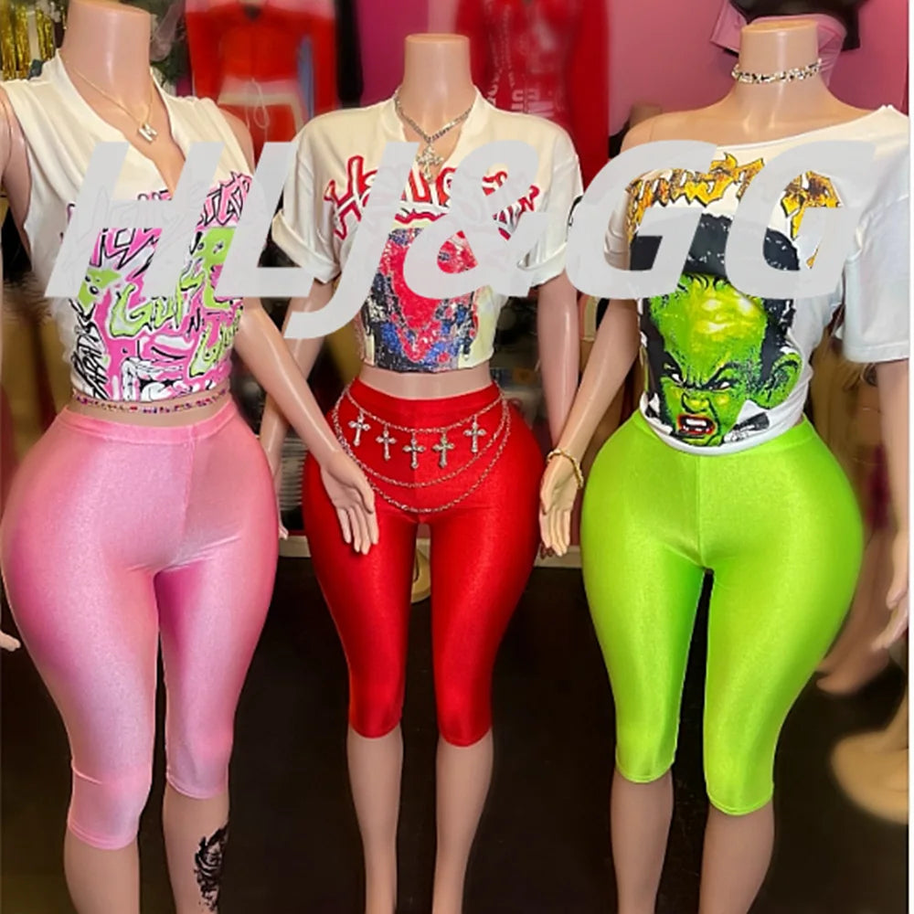HLJ Trend American Retro Print Tshirts Two Piece Sets Women O Neck Short Sleeve Loose Top+Skinny Pants Outfit Fashion Streetwear