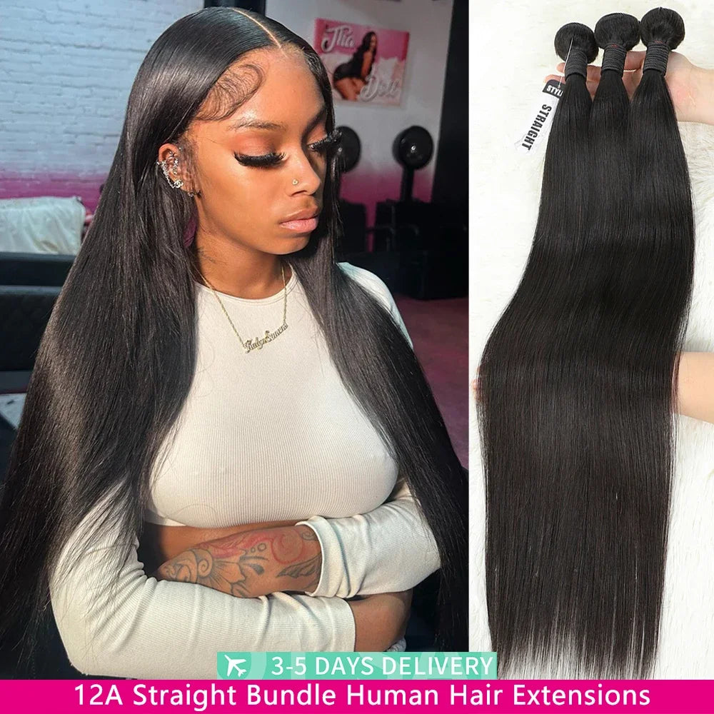 12A Straight Human Hair Bundles 32 Inch Raw Hair Bundles 1/3/4 Pcs Brazilian Human Hair Bundle 3-5 Workdays Delivery For Women