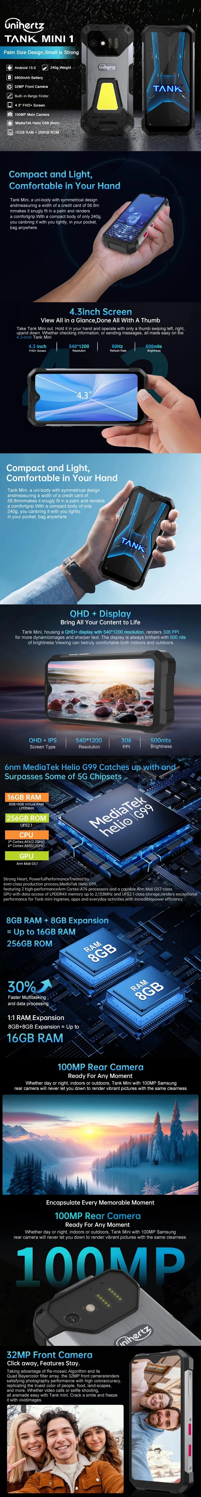 Unihertz 8849 Tank Mini Rugged 12GB+256GB 4.3 Inch Android 13 5800mAh Helio G99 Octa Core 100MP Cameras Global Version
