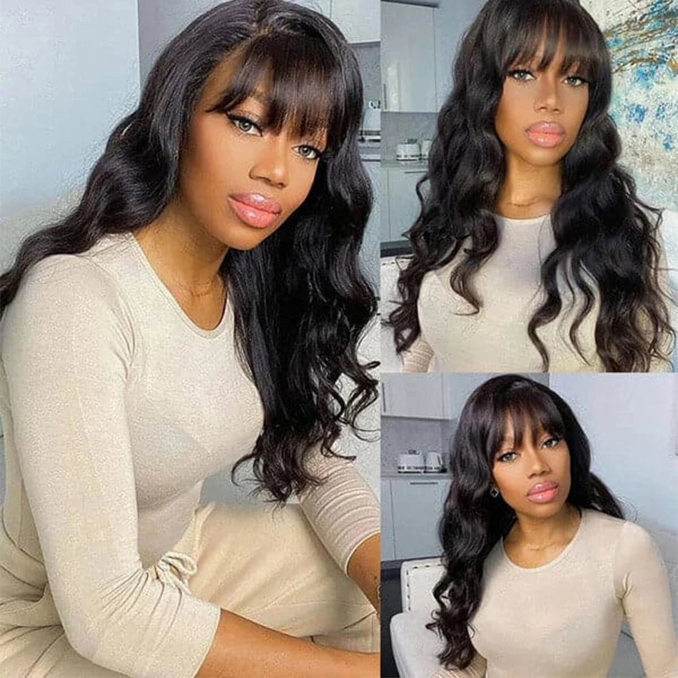 Wear Go Glueless Loose Body Wave Human Hair Wig With Bangs Full Machine Made With Bangs Brazilian Body Wave Wig Cheap On Sale