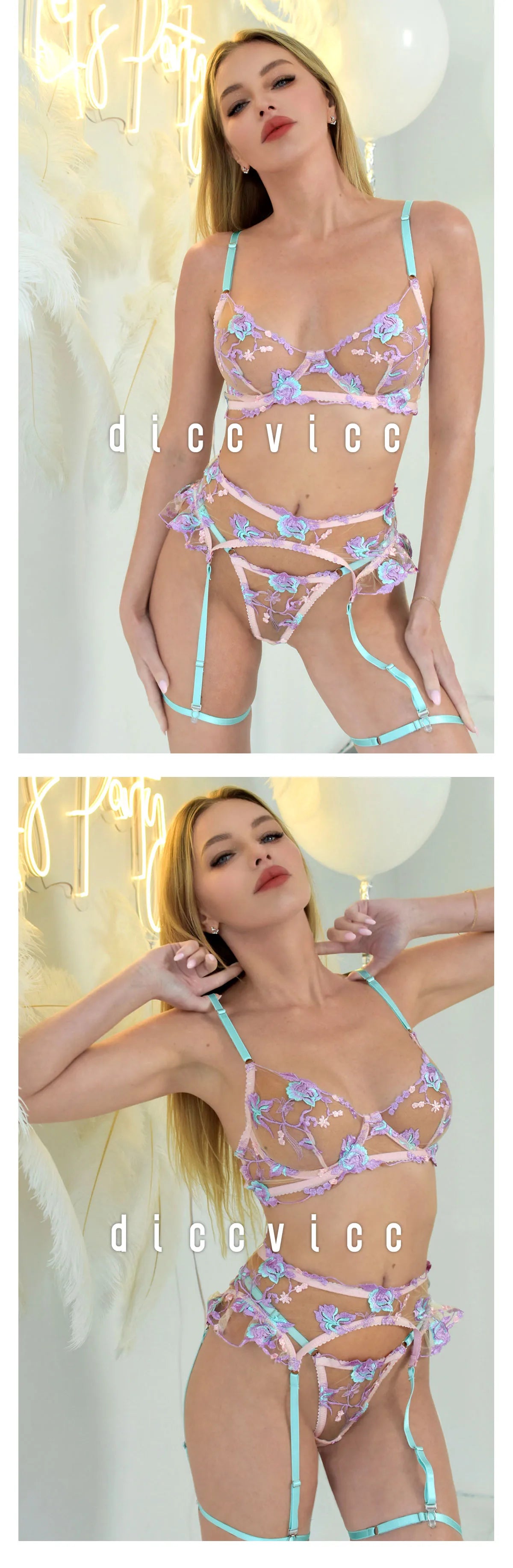 Diccvicc Embroidery Floral Lingerie See Through Sexy Lace Women Underwear Bra Thong Set Fancy Garter Intimate Kit Exotic Outfit