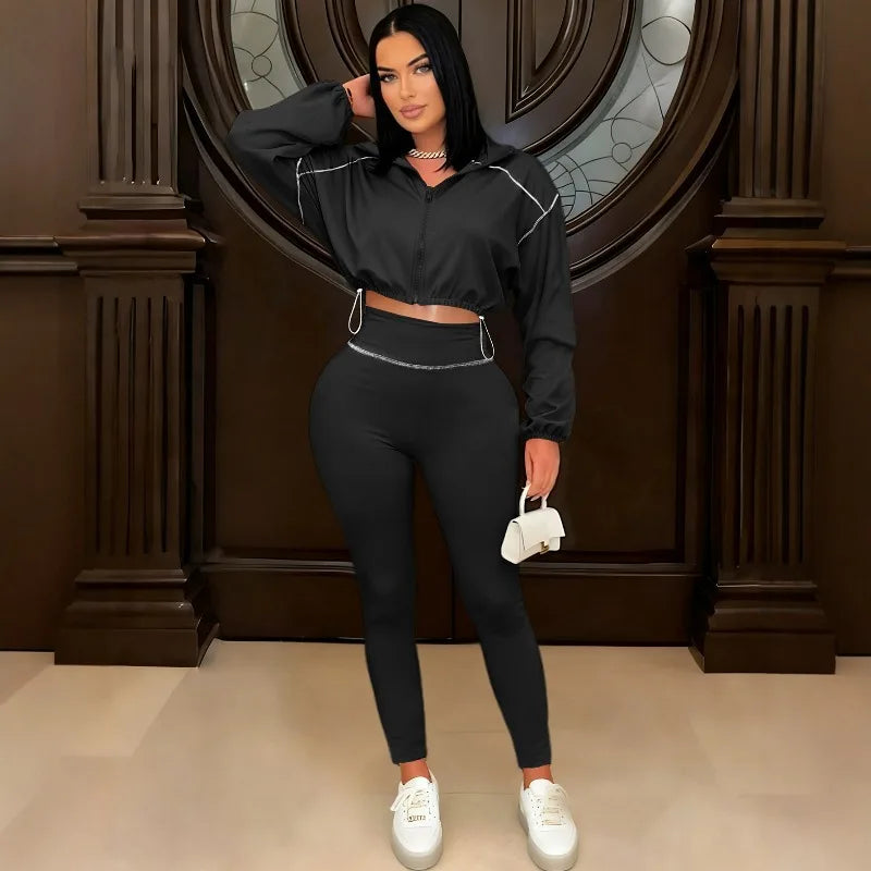 Two Piece Set Women Sexy Club Long Sleeve Paneled Stylish Casual Sport Suit Solid Color Zipper Tracksuits Sweat Suit