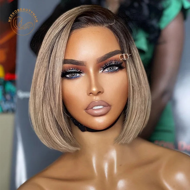 Ash Blonde Ombre Lace Front Wig Honey Blonde Transparent Lace Frontal Wig Ombre Blonde Colored Human Hair Bob Wis With Dark Root