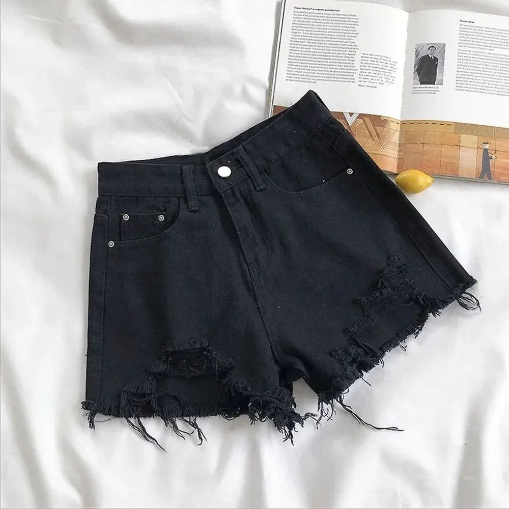 Summer Korean Women's Cowboy Shorts High Waist Casual Blue Denim Shorts Pocket Tassel Perforated Fashion Shorts Y2K Female Jeans