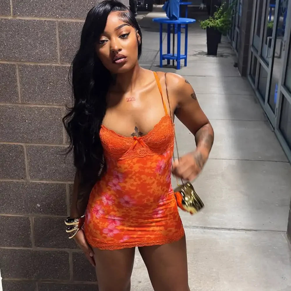 New 2026 Women's Floral Print Dress Street Sexy Lace Trim Spaghetti Strap Backless Bodycon Mini Dresses Birthday Party Clubwear