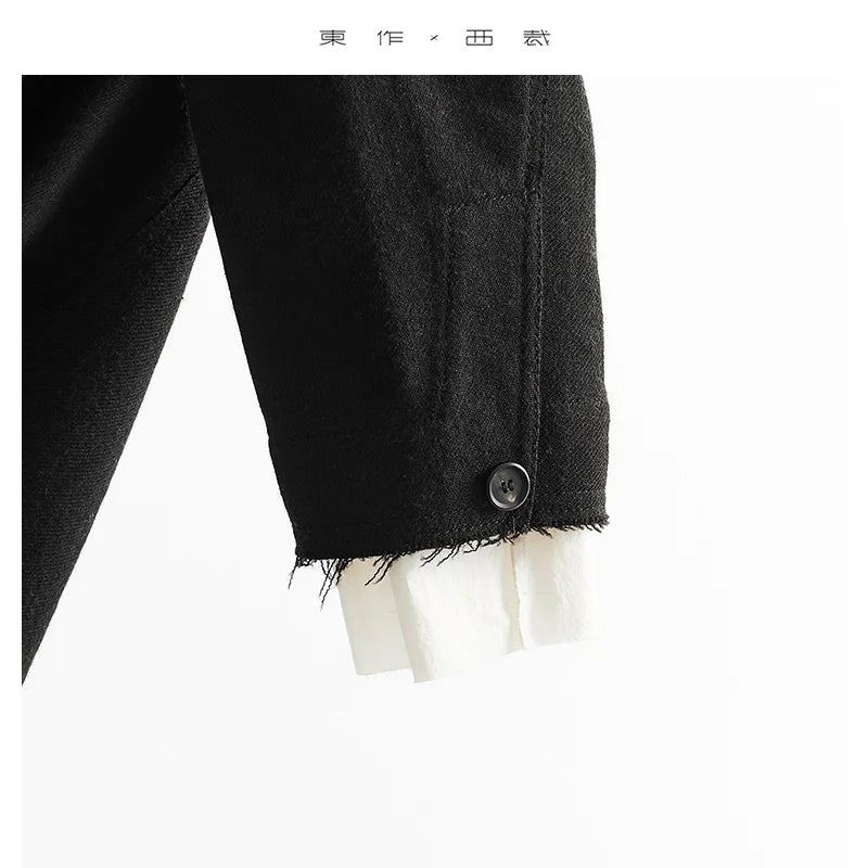 Custom Fabric Designer Style~Mysterious Black Blazer, Faux Two-Piece Fringed Oversized Jacket, Women's Casual Loose Top, New Spring 2026 Collection
