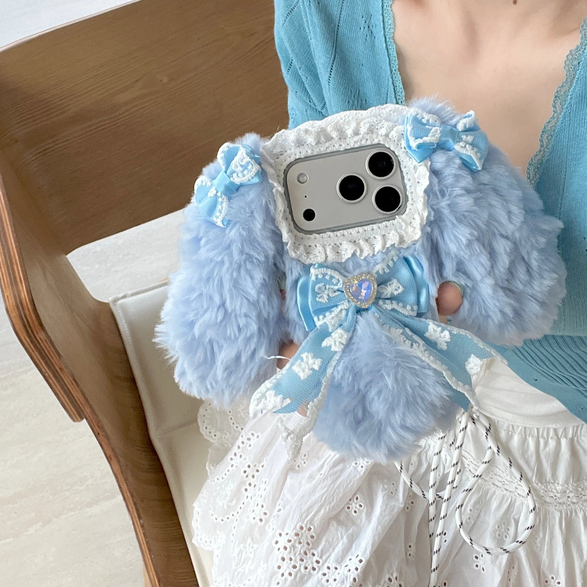 Plush Cute pink blue rabbit  Phone Case for IPhone17 16 15 14 13 Pro Max Soft Silicone Warm Fur Anti-drop luxury Back Cover