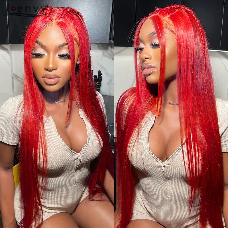 99J Red Colored Lace Front Human Hair Wigs Silky Straight 13X4 13X6 Burgundy Hd Transparent Pre Plucked Lace Frontal Wigs 180%