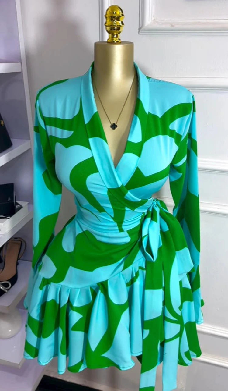 Elegant Women Tie Dye Print Flare Long Sleeve Wrap V-neck with Sashes Ruffle Dress 2026 Elegant Vacation Party Birthday Dresses