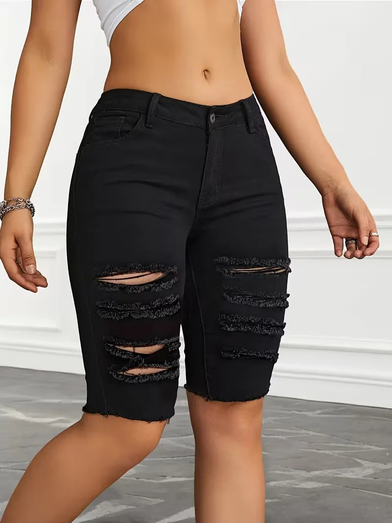 Ripped Skinny White Denim Shorts Women Sexy Slim Elastic Hip Hop Hole Short Jeans Female Fashion Y2K Street Knee-length Pants