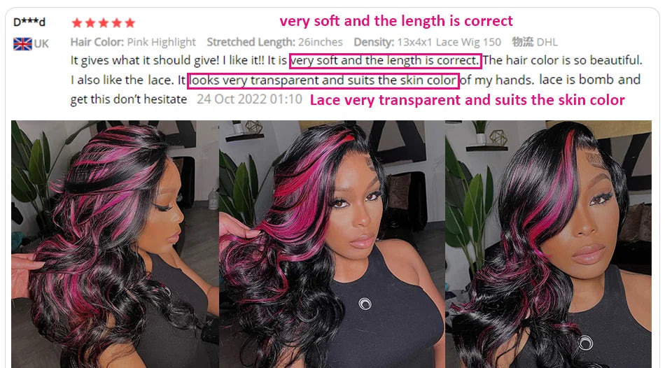 Pink Highlight 13x6 Lace Front Wig Pre Plucked Body Wave Colored Human Hair Wigs Transparent Peruvian Remy Hair For Black Women