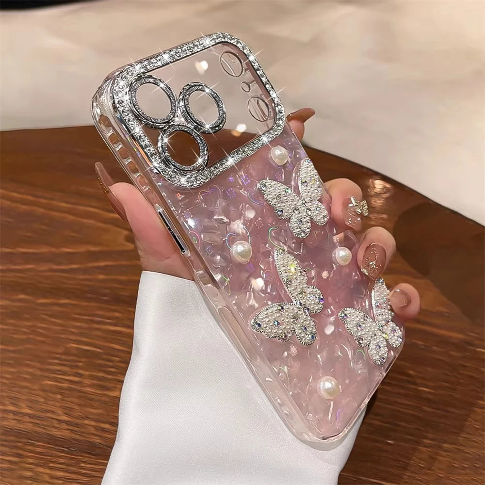 Luxury Diamond Butterfly Clear Phone Case For iPhone 17 Air 16 15 14 13 12 Pro Max Transparent Plating Soft Silicone Back Cover