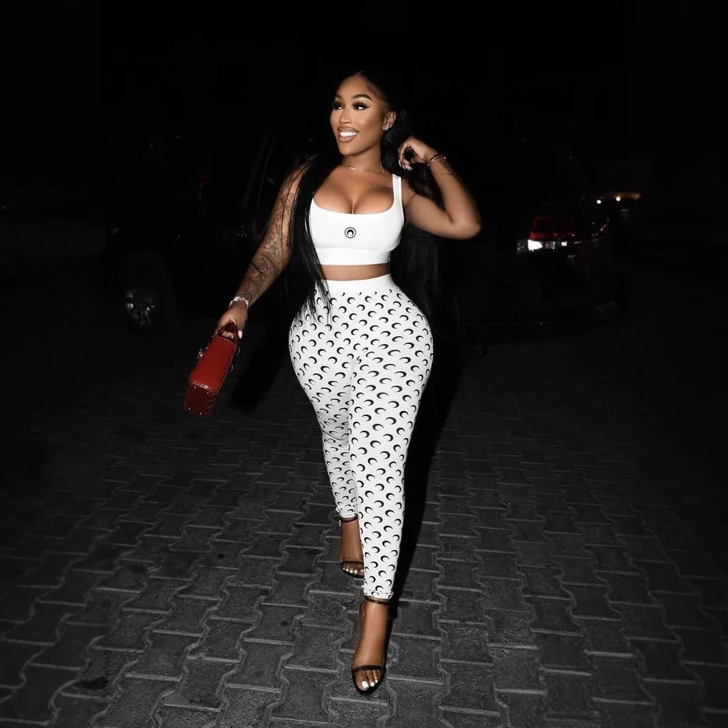 Y2K Two Piece Set Women Sexy Slim Fit Vest and Pants High Street Retro Crescent Print Matching Set