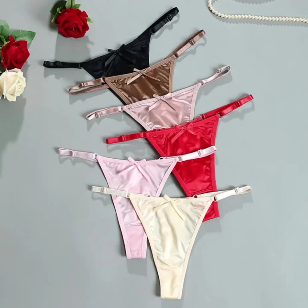 New Adjustable Girls G-Strings Pants Satin Cotton Crotch T-Back Women's Sexy Thin Strap Bow Underwear Plus Size