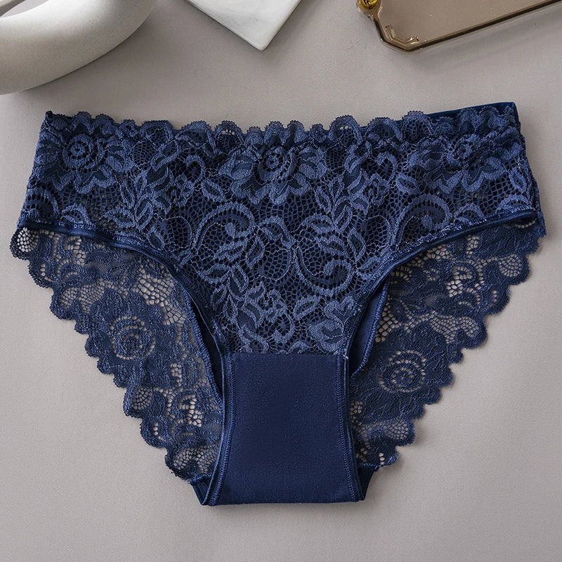 3PCS/Set Blue White Khaki Solid Color Cotton Panties Lace Floral Embroidery Briefs Solid Color Sexy Female Underwear Lingerie