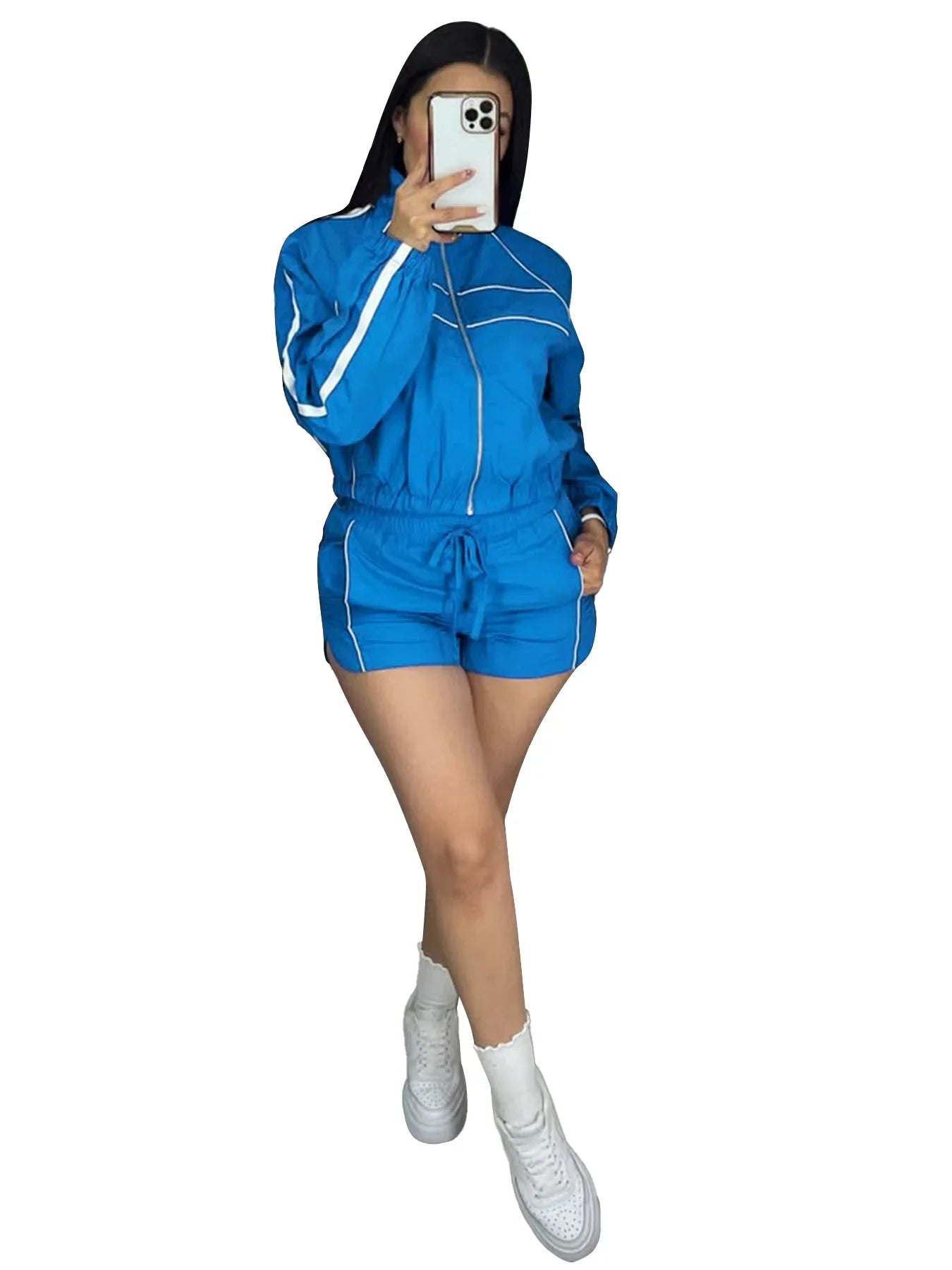 BWQ Women's Set Long Sleeve Jacket + Shorts Suit 2025 Summer Streetwear Active Slim Sporty Two 2 Piece Set Outfit Tracksuit