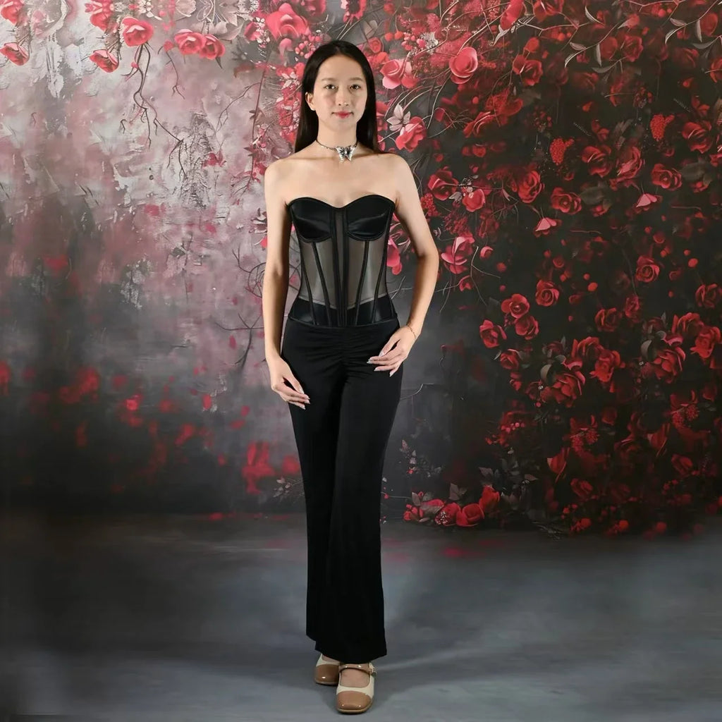 Women Corset Bustier With Bra Transparent Mesh Bodices For Wedding Body Shaper Slimm Waist Lace Up Boned Strapless Tube Tops