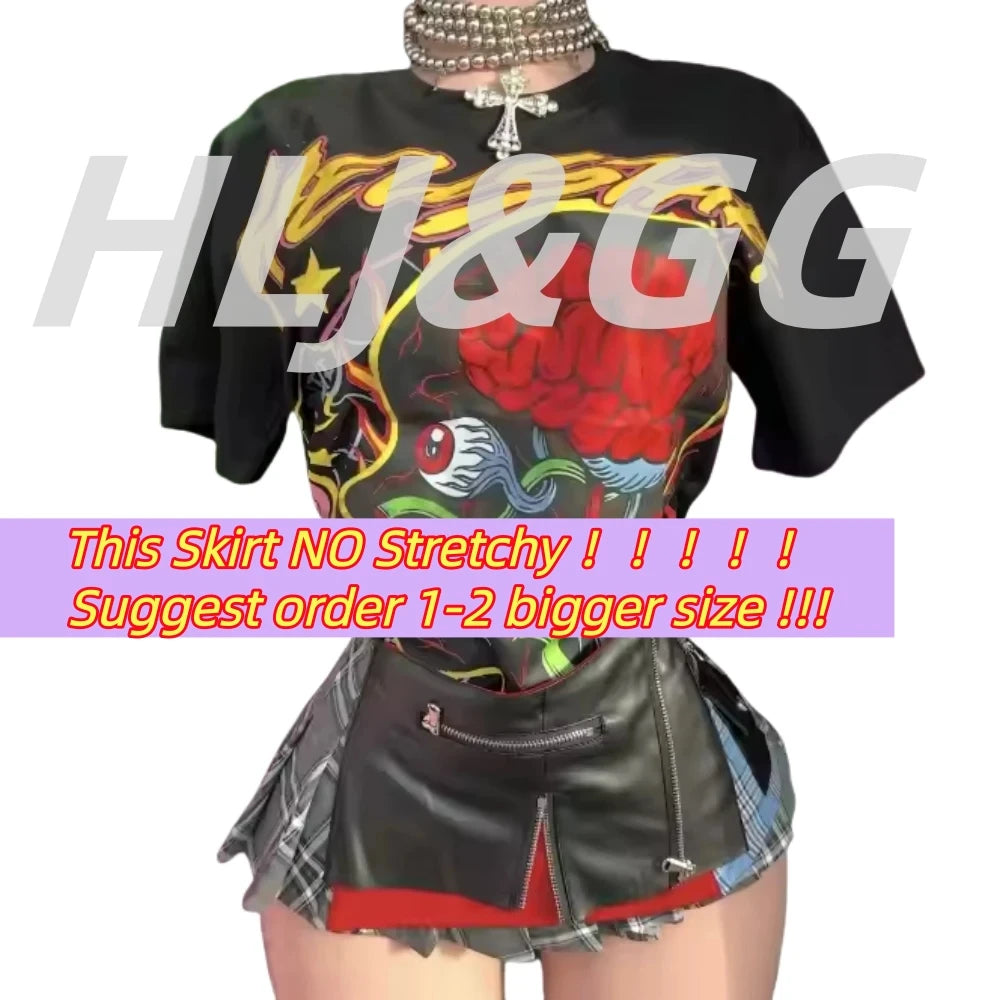 HLJ Trend Fashion Pattern Printing Tshirts Two Piece Sets Women Short Sleeve Top+Irregular Plaid Mini Skirts Outfits Streetwear