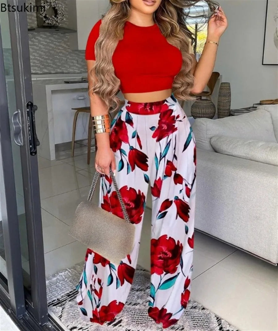 Summer Casual Fashion Two-piece Set Female Solid Short Sleeve O-Neck Tops & Floral Print Wide Leg Pants Outfits Women's Clothing