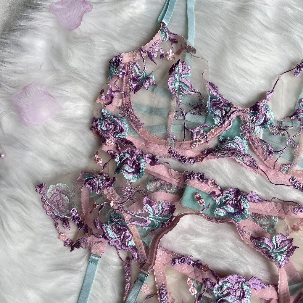 Diccvicc Embroidery Floral Lingerie See Through Sexy Lace Women Underwear Bra Thong Set Fancy Garter Intimate Kit Exotic Outfit