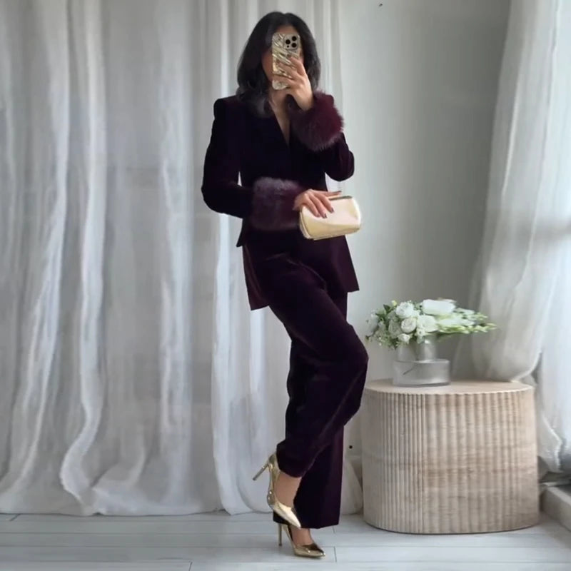 Elegant Feathers Women Blazer Pants Suit Lapel Button Coat Straight Wide Leg Trousers Lady Set 2026 Spring Female Outfits
