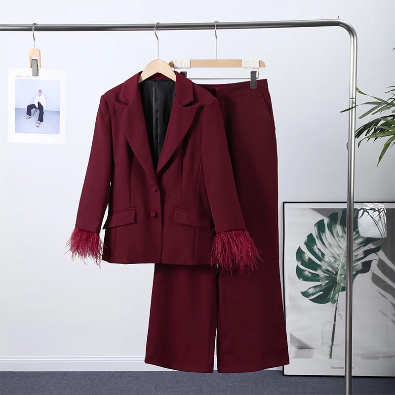 Elegant Feathers Women Blazer Pants Suit Lapel Button Coat Straight Wide Leg Trousers Lady Set 2026 Spring Female Outfits