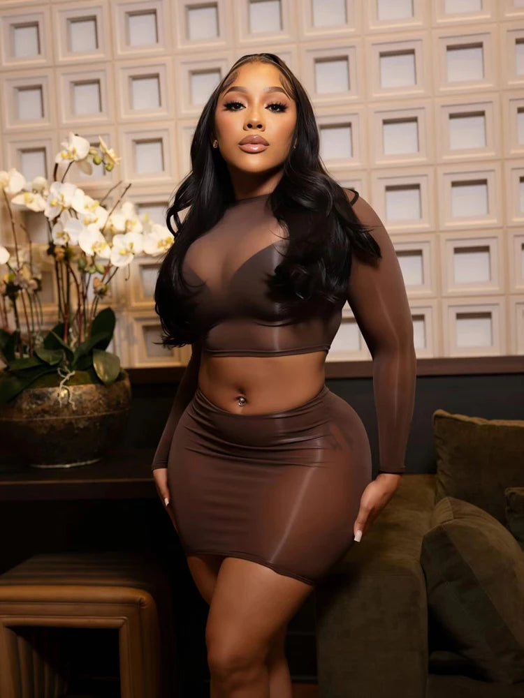 Crop Top and Skirt Set Outfits for Women Trending Spring Summer Clubwear Sexy Sheer Mesh Long Sleeve Mini Skirts Two Piece Sets