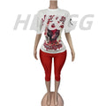 HLJ Trend American Retro Print Tshirts Two Piece Sets Women O Neck Short Sleeve Loose Top+Skinny Pants Outfit Fashion Streetwear