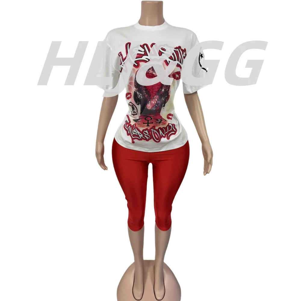 HLJ Trend American Retro Print Tshirts Two Piece Sets Women O Neck Short Sleeve Loose Top+Skinny Pants Outfit Fashion Streetwear