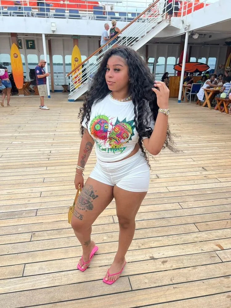 HLJ&GG Y2K Streetwear Women Pattern Printing Round Neck Short Sleeve Tshirt And Mini Skirts Two Piece Sets Fashion 2pcs Outfits