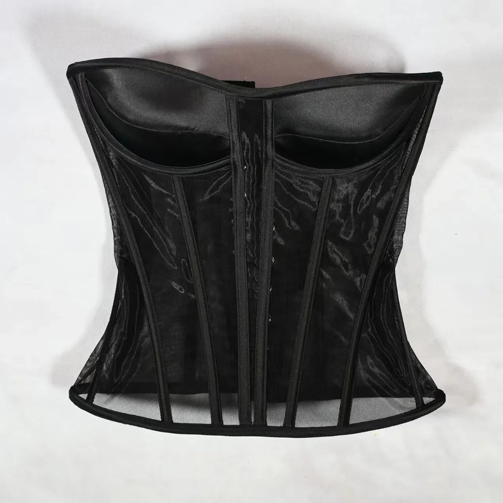Women Corset Bustier With Bra Transparent Mesh Bodices For Wedding Body Shaper Slimm Waist Lace Up Boned Strapless Tube Tops