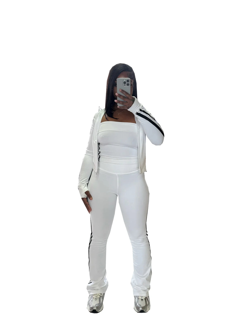 CM.YAYA Women's Set Long Sleeve Cargidan +strapless and Striped Pants Suit Three 3 Piece Set 2025 Street Active Outfit Tracksuit
