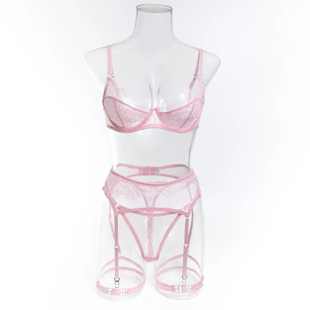 Ellolace Fancy Lingeries Sexy Hot Elegant Bra 3PC Set with Leg Circles Sissy Solid Color Intimate Eyelash Lace Patchwork Costume