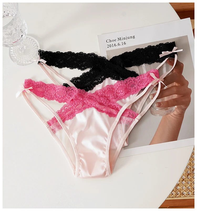 Meet'r Sexy Tempting Underwear Panties Lingerie French Satin Lace Ice Silk Transparent Knit Low Waist Triangle Briefs for Women