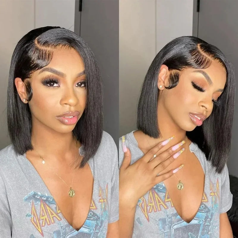 13x4 Short Bob Straight 13x4 Transparent Lace Front Wig 200% Density Human Hair Pre Plucked Wigs For Black Women 12 16 Inch