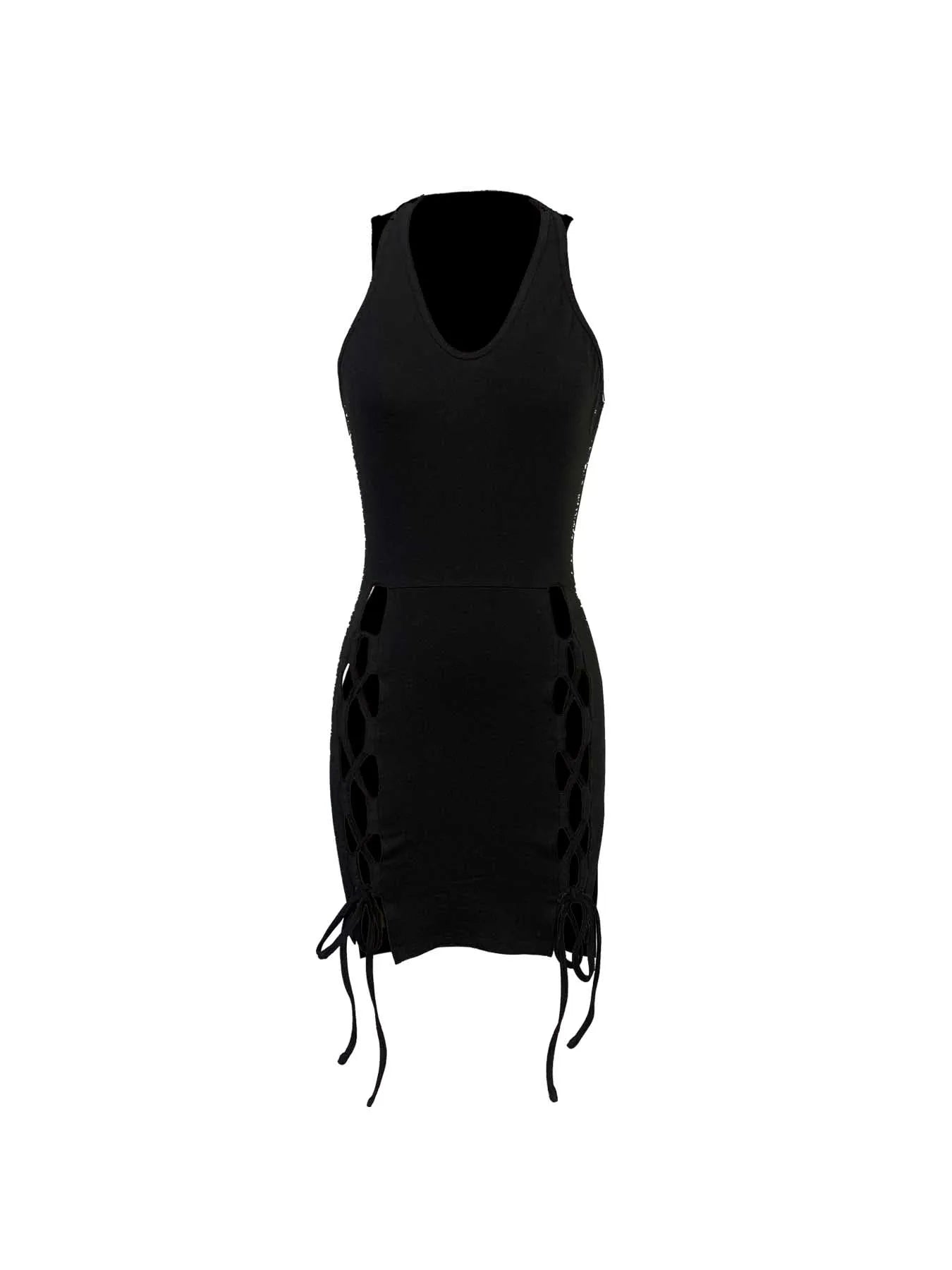Women Halter Mini Dress V Neck Side Cutout Lace Up Bodycon Dress Date Sexy Spring Summer Party Club Night Out Stretchy Dress