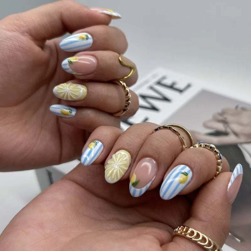 24PCS Sweet Short Round Press on Nails Cute 3D Fruit Blue Stripes Almond False Nails Wearable Lemon Patterns French Ins Manicure