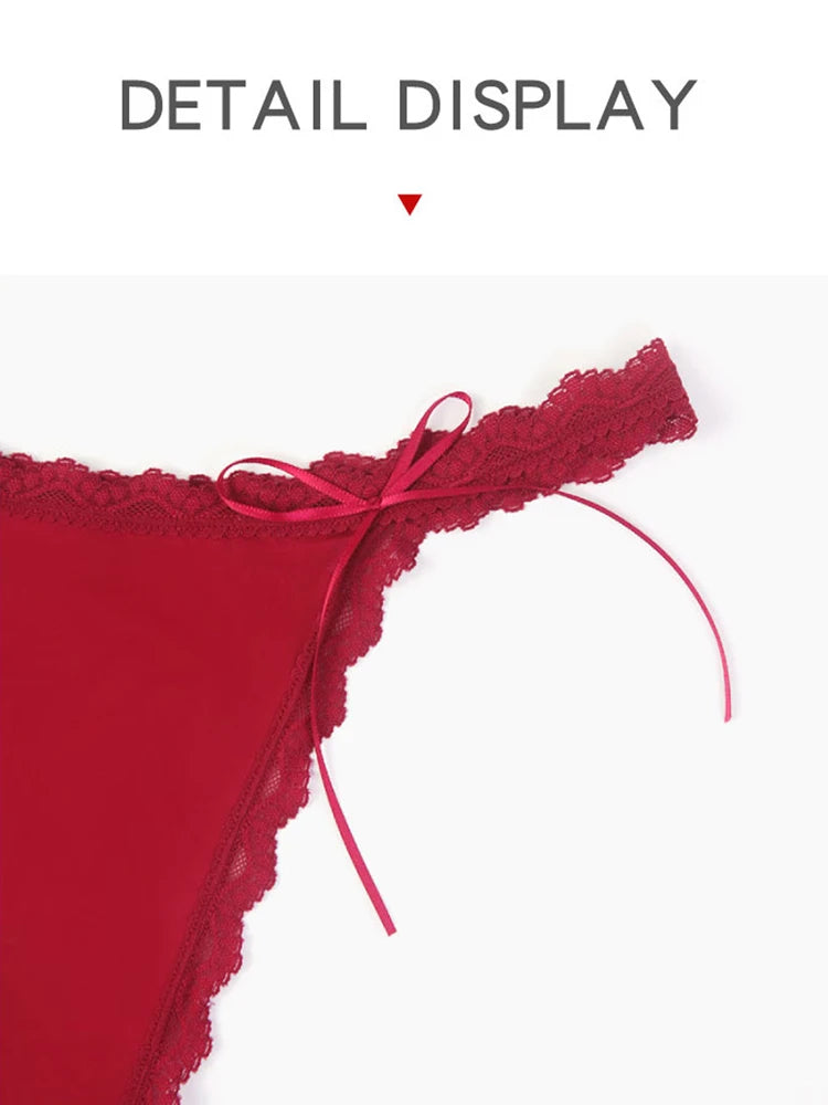 Come Here Daddy Underwear Cute Panties Women's Sexy Lace Thong Thin Strap Underwear Ripple Edge Wine Red Traceless GString