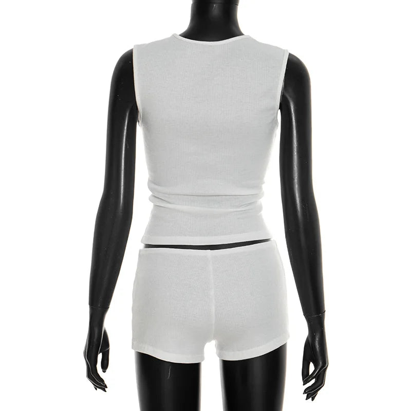 Sexy Hollow Out Clubbing Woman Outfit Sets 2 Piece Rave Festival Clothing Party Knit Top and Shorts Matching Set Conjunto Verano
