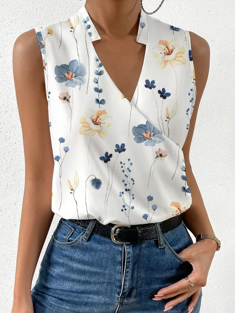 New Tees Women's 2024 Summer Slim V-neck Sexy Simple Style Printing T-shirts Sleeveless Vintage Casual Temperament Ladies Tops