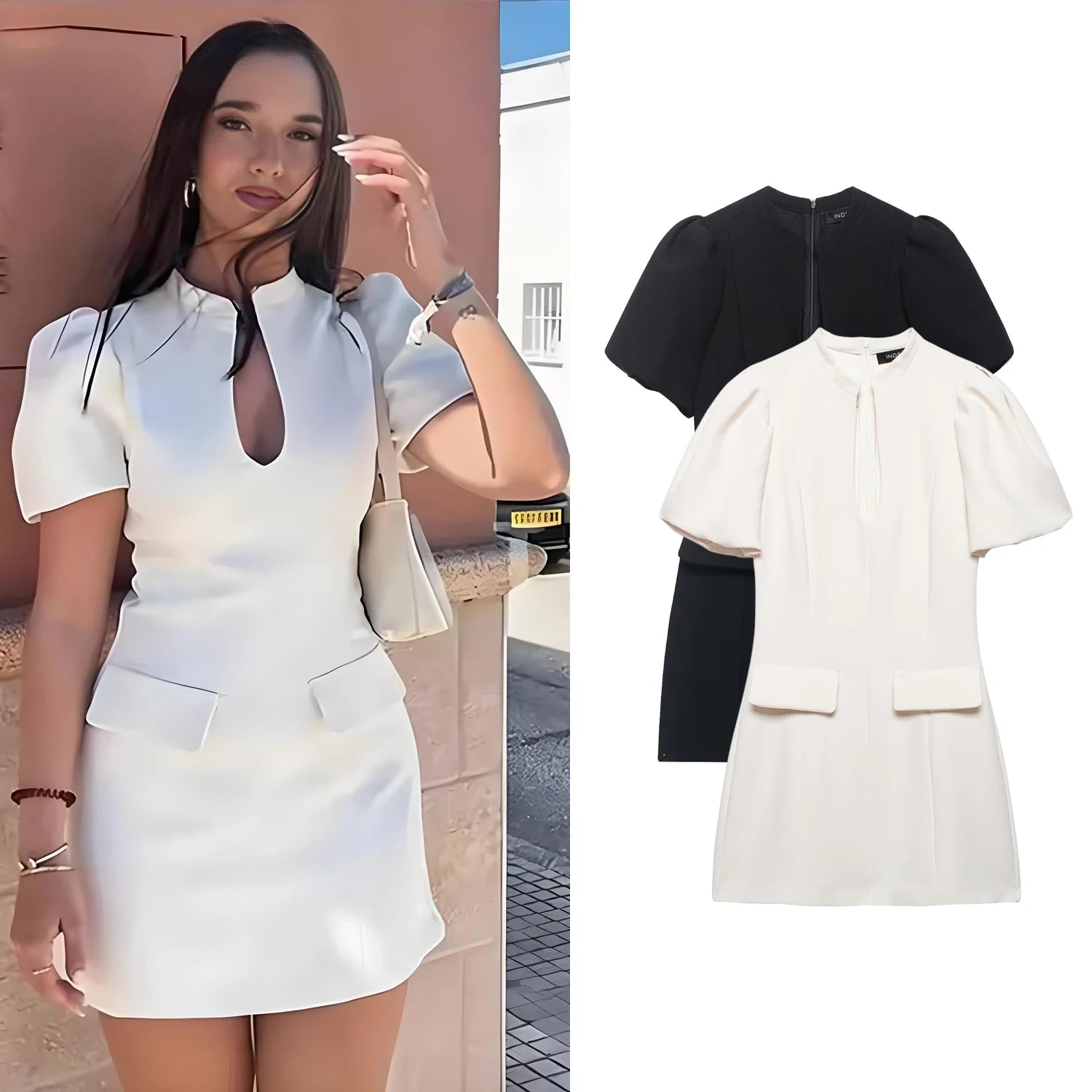Women Elegant Chic Puff Sleeve Mini Dress Summer New Female O-Neck Hollow-Out Zipper Short Dress Fashion Lady Party Date Dress