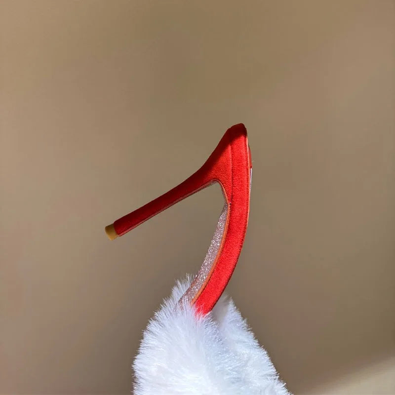 Women's Fox Fur High-Heeled Slippers Stiletto Heel Mules Open Toe Slip On Sandals Suede Upper Party Clubwear Elegant Sandals