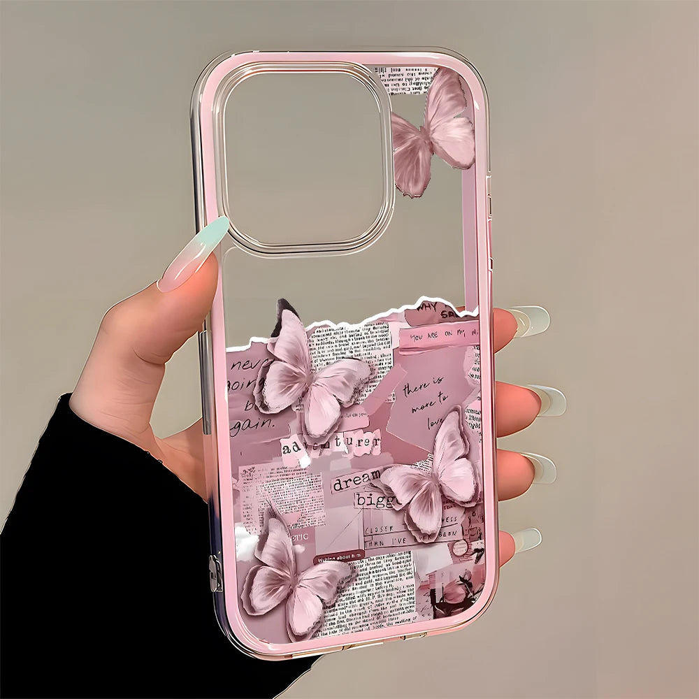 Pink Butterfly Collage Pattern Clear Phone Case For iPhone 11 12 13 14 15 16 17 Pro Max Air Plus 2 in 1 Candy Color Soft Cover
