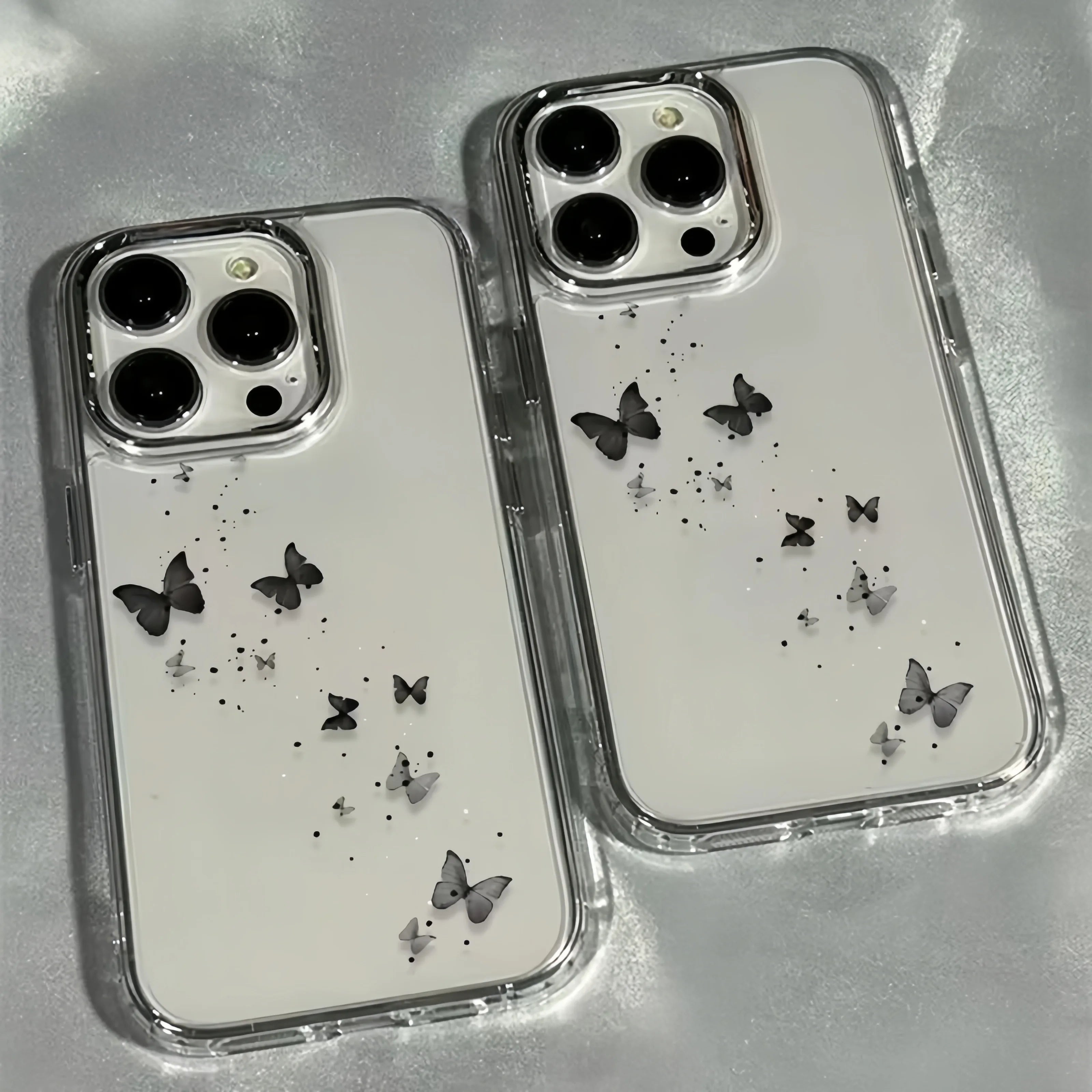 Elegant Black Butterfly Metal Frame Transparent Phone Case For iPhone 17 16 15 14 13 12 11 Pro Max Plus Air 16E Soft Clear Cover