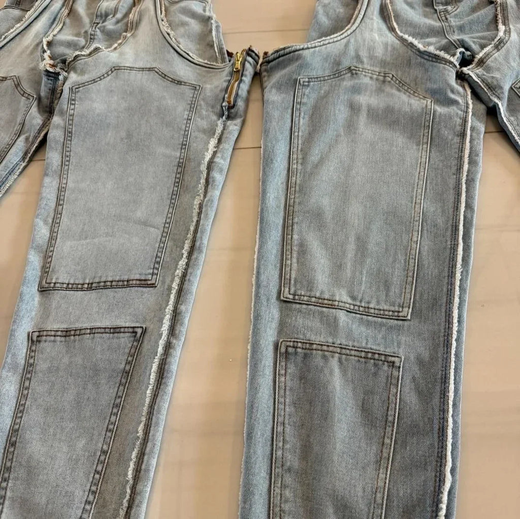 Mom Jeans Straight Pants Women Hollow Out Zipper High Strecth Pockets Irregular Denim Vintage Y2k 2025 Trousers Streetwear