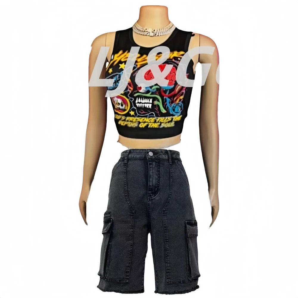 HLJ&GG Y2K Hot Girl Fashion Pattern Print Two Piece Sets Women O Neck Sleeveless Top And Denim Cargo Shorts Outfits Streetwear