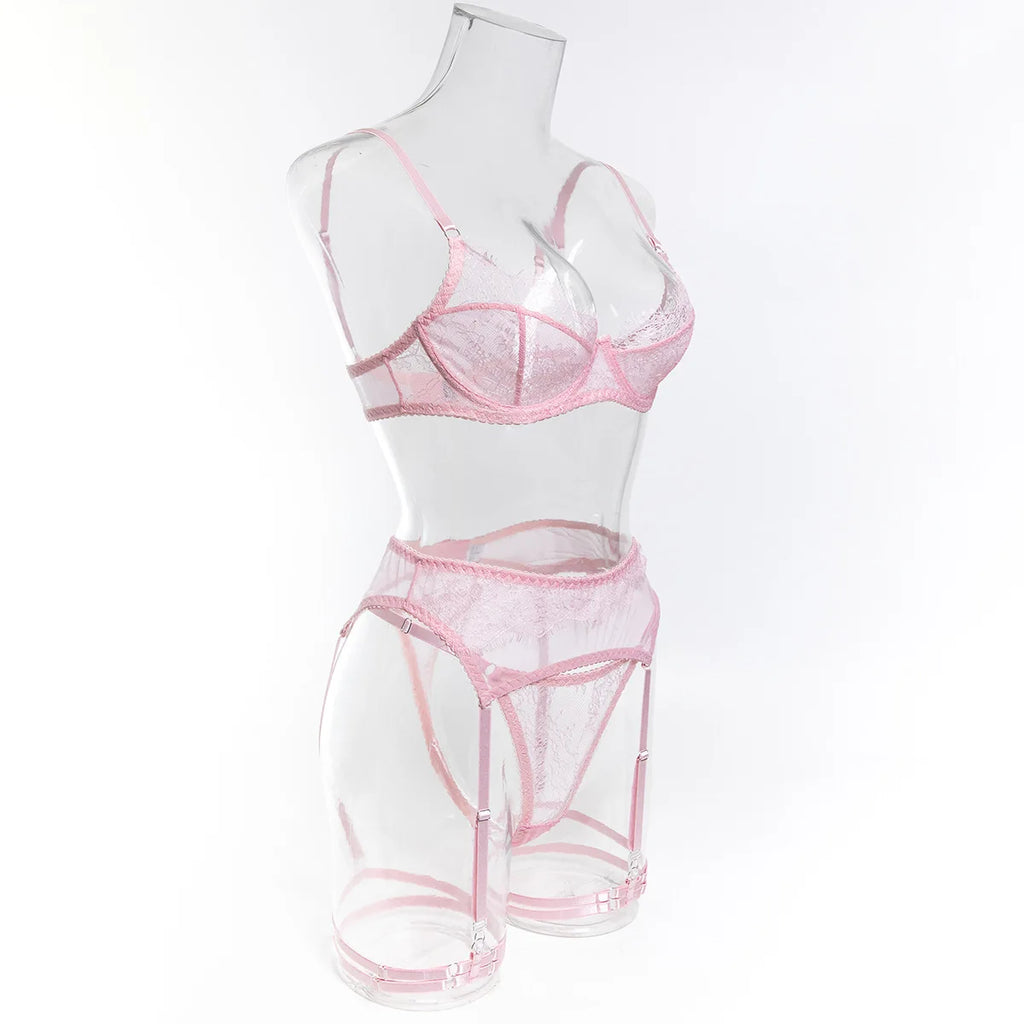 Ellolace Fancy Lingeries Sexy Hot Elegant Bra 3PC Set with Leg Circles Sissy Solid Color Intimate Eyelash Lace Patchwork Costume
