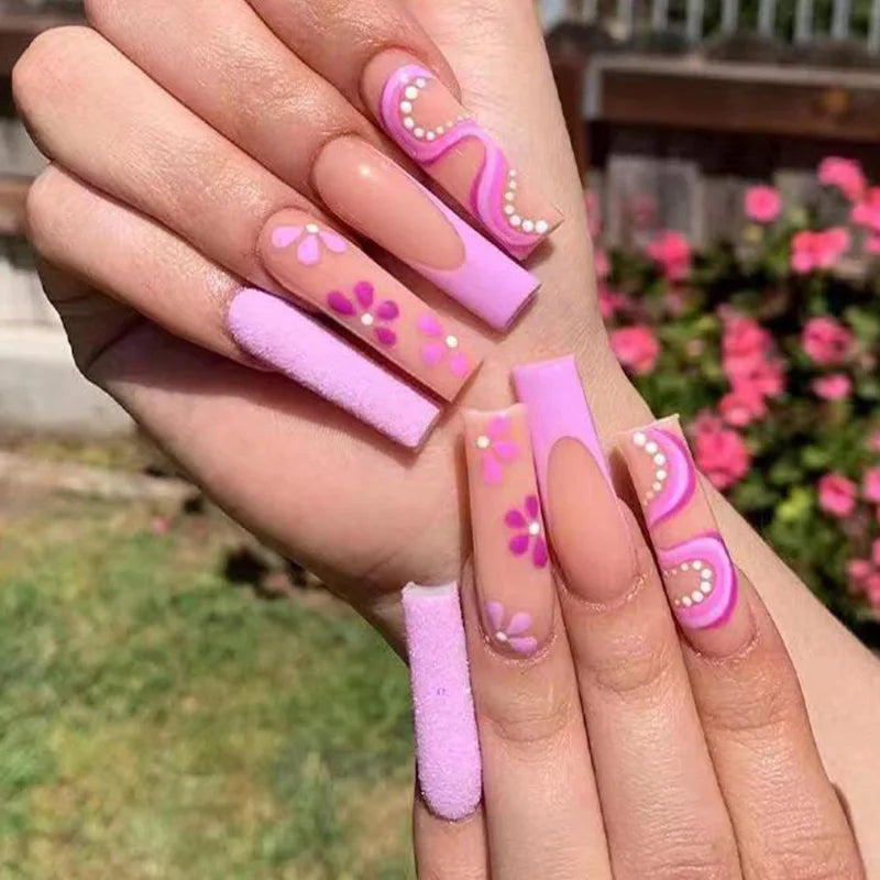 24Pcs Mid Long Pink Leopard Fake Nails with Bow Design Press on Nails Square Wearable French False Nail Full Cover Manicure Tips